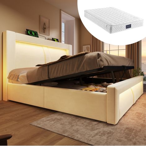 Letto contenitore in velluto beige 140x200 cm con materasso, illuminazione a LED, porte USB e Type-C, rete a doghe inclusa. (1/5)
