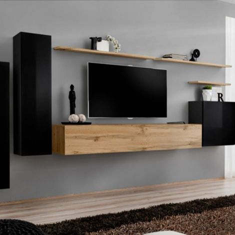 Meuble TV Mural Design "Switch I" 330cm Noir & Naturel (1/4)