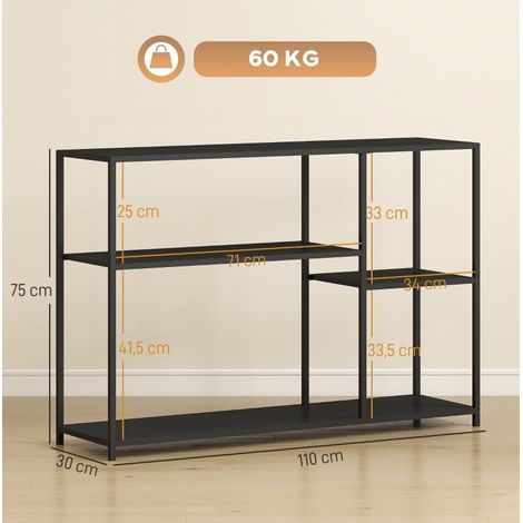Table console noire en acier avec 4 étagères, 110 x 30 x 75 cm, pour entrée, salon et couloir (1/5)