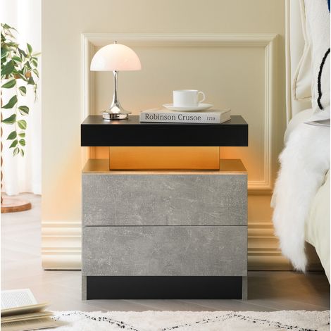 Mesita de noche gris en madera engineered con 2 cajones y luces LED regulables (1/5)