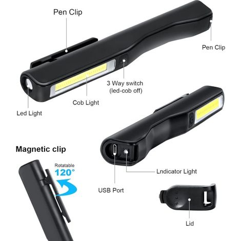 Lampe de travail LED rechargeable, lot de 2 lampes COB de 350 lumens pour mécanicien