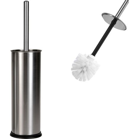 DEUBA® Stainless Steel Toilet Brush & Holder Set Stylish Metal Container Base Metal Handle with Replaceable Brush Head Easy-Care Clean Design Free-Standing WC Accessory Silver Silver + Brush Hol