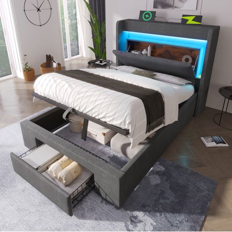 Cama dormitorio almacenaje hidráulico LED USB gris HAVRYA (1/5)
