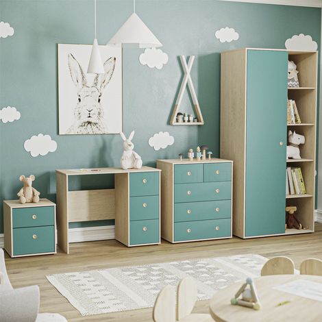 Neptune 4 Piece Bedroom Furniture Set Bedside Table, Chest of Drawers, Desk & Wardrobe, Blue & Oak (1/5)
