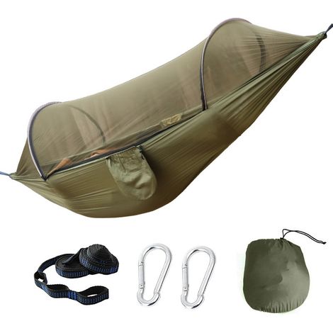 JSSEVN - Hamaca con mosquitera, hamaca de exterior para 2 personas, hamaca de nailon portátil y ligera con mosquitera y 2 correas para árboles para acampar y hacer senderismo. (1/5)