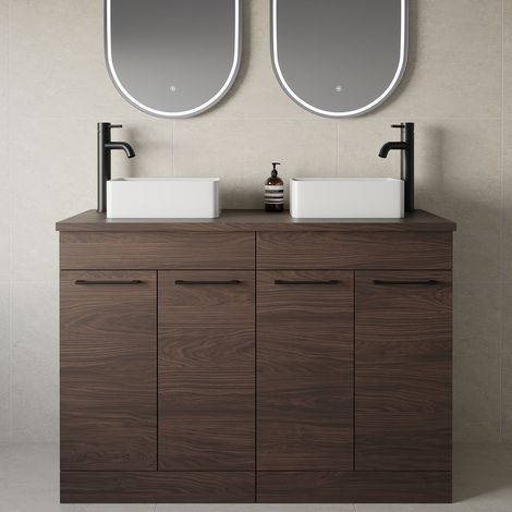 Napoli 460 Brown Oak 1200mm 4 Door Vanity Unit for Countertop Basins - 1200mm - Matt Black 160mm Handle
