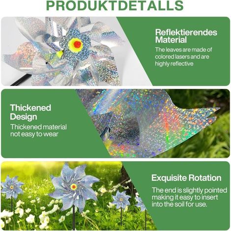 9-teiliges Set reflektierender Vogelschutz-Windmühlen, reflektierender Vogelschutz, Windmühlen für den Garten, dekorative Gartendekoration zum Schutz von Garten, Obstgarten, Hof und Dach. (1/5)