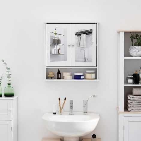 Meuble‑lavabo mural avec étagères – Dimensions 50 x 20 x 60 cm, portes à double miroir, étagères réglables, MDF blanc – Optimisation de l’espace salle de bain (1/5)