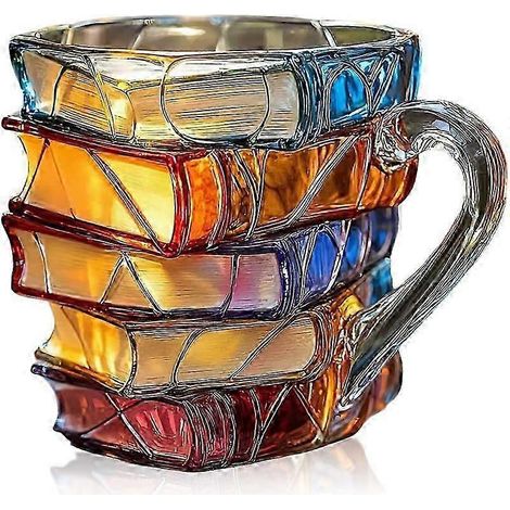 Handgefertigter, farbiger Glasbecher in Form eines gemalten Buches, origineller und einzigartiger Kaffeebecher aus farbigem Acryl in Form gestapelter Bücher, ideales Geschenk für Bücherliebhaber und L