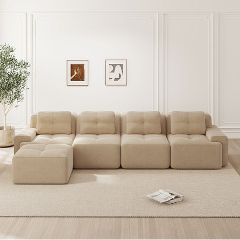Sofá modular 4 plazas beige en pana acanalada con chaise longue en L, asiento profundo y base antideslizante (1/5)