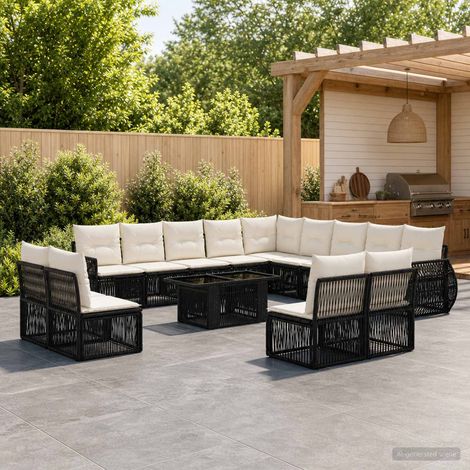 vidaXL Set Divano da Giardino 14 pz Nero e Bianco Crema polyrattan (1/5)