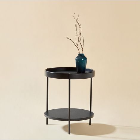 Table basse ronde 2 niveaux bois noir métal OKMYHOME (1/5)