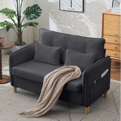 2-Sitzer Sofa 127 cm Dunkelgrau aus Chenille mit Seitentaschen und Kissen (1/5)