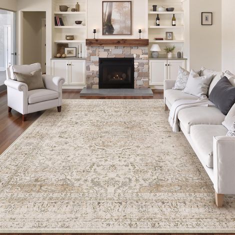 Beige Vintage Tapis Salon 240x300cm Rug Lavable en Machine Grand Antidérapant Rugs,Chambre Adulte,Descente de Lit Carpets,Salle a Manger,Bureau,Cuisine,Interieur Poil Ras Carpet (1/5)