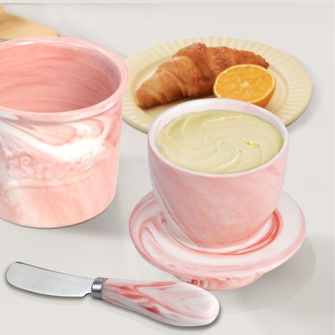 Beurrier en céramique avec couvercle et spatule, pot à beurre - idéal pour conserver le beurre et pour le plan de travail de la cuisine (marbré avec spatule marbrée, M) (1/4)