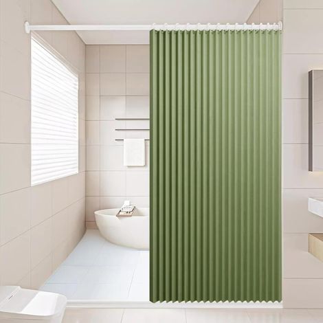 Rideau de Douche Magnétique Pliable et imperméable avec Crochets, Séparation Humide et sèche, Rideaux de Douche en Polyester Lin très résistants pour Salle de Bain, Vert, 150x200cm (1/2)