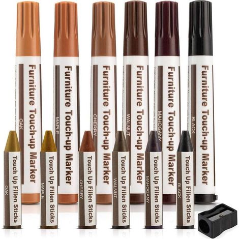 (16Pièces) Kit de Réparation de Meubles Marqueurs pour Bois Et Bâtons de Cire avec Aiguiseur 6 Couleurs pour Taches, Rayures, Sols, Tables, Bureaux, Charpentiers (1/5)