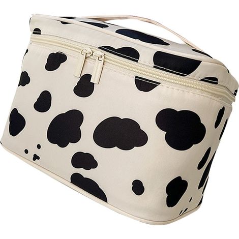 Grande trousse de maquillage zippée brillante, capacité spacieuse, avec poignée solide, motif vache, idéale pour voyage et extérieur (1/5)