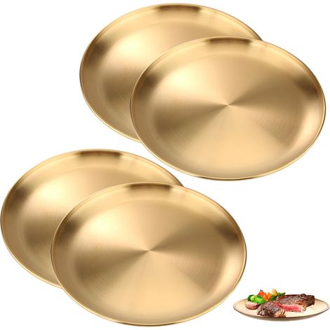 Cuatro bandejas redondas de acero inoxidable, de 23 cm de diámetro y color dorado, ideales para cocinas, fiestas y picnics. (1/5)