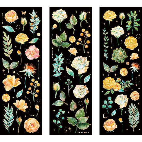 3 feuilles autocollants fleurs naturelles vintage pour scrapbooking, journal, cartes, gourdes, coques téléphone, ordinateurs portable, jaune (1/5)