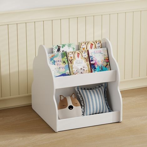 REDOM estantería infantil 69x62.5x9 cm, de doble cara con 4 estantes y ruedas, esquinas redondeadas, madera blanca (1/5)