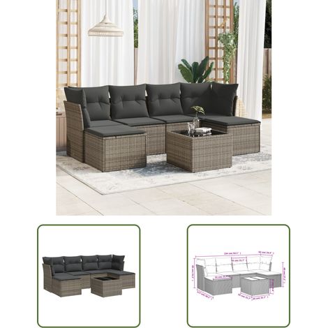 The Living Store Salon de jardin avec coussins 7 pcs gris résine tressée - Ensemble Salon De Jardin - Salon De Jardin Design - Meuble De Jardin - Mobilier De Jardin - Canapé De Jardin (1/3)