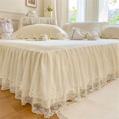 (Beige,150x200cm) Couleur Unie Cache Sommiers Jupe de Lit, Désign de Bord en Dentelle Blanche Cache Sommier Jupe de Lit a Volant Draps Housses Élastiq