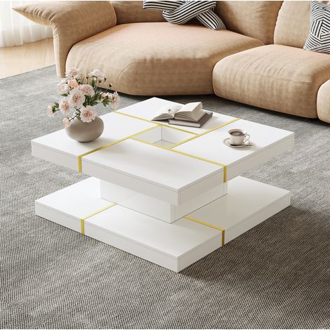 Table basse carrée 80x80x38 cm à deux niveaux avec niche centrale, métal doré, panneau de particules blanc (1/5)
