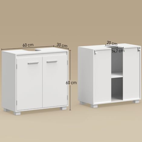 Meuble lavabo salle de bain moderne autoportant, découpe en U, étagère ajustable, blanc, rangement élégant. (1/5)