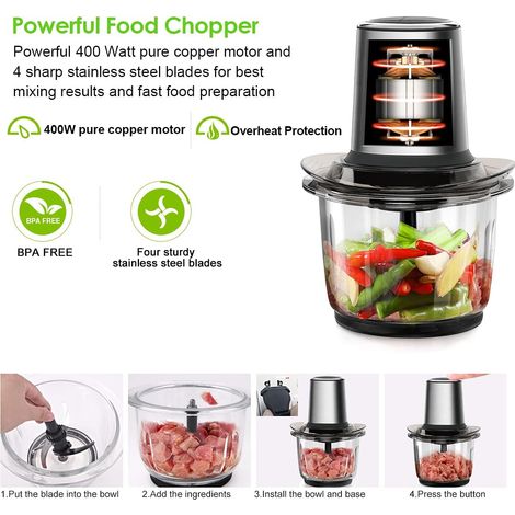 Hachoir Électrique Multifonction Avec Bol Verre 1.5L - 400W, 2 Niveaux de Vitesse, 4 Lames Amovibles pour Viande, Oignon, Herbes, Fruit Sec Rapide
