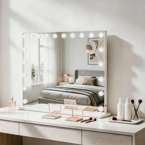 LED Schminkspiegel 90x60 cm – Hollywood Spiegel Kosmetikspiegel mit Beleuchtung, 3 Lichtfarben dimmbar, abnehmbare 10-fach Vergrößerung, Tisch- & Wandspiegel, weiß (1/5)