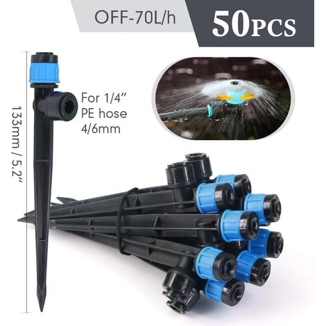 (50 pièces) Arroseur à bulles de 13 cm avec piquet, raccord rapide 1/4″, goutteur réglable pour l'irrigation de jardin, pelouse et grandes surfaces (0-80 L/h). (1/5)