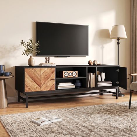 Meuble TV 150 cm avec Placards et Étagères Panneaux de Particules et Métal Style Moderne Noir et Bois (1/5)