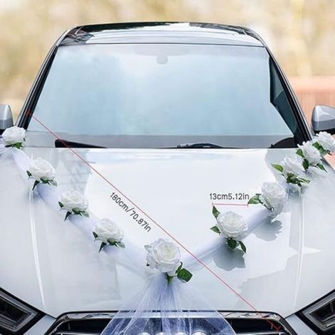 Kit Decoration Voiture Mariage - 9 Fleurs Artificielles - Rubans 180 Cm - Ventouses Et Sangles - 1 Unite (1/5)