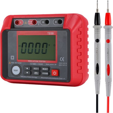 Testeur de résistance d'isolement numérique TS58, 0,1 MΩ - 10 GΩ, mégohmmètre avec écran LCD rétroéclairé, AC/DC 10-600 V, 2000 points maximum, DAR, indice PI, kit de mesure de résistance d'isolement  (1/5)