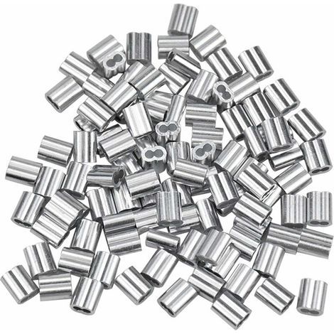 100 Stück Aluminiumhülsen, Aluminium-Drahtseil-Aderendhülsen, Aluminium-Crimpclips mit doppelten Enden für Drahtseile, Flugzeugseile, Silber (1,5 mm / 0,06 Zoll) (1/4)