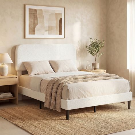 Estructura de cama de 140x190cm con somier de láminas, cabecero ajustable, cama doble tapizada en terciopelo Teddy, láminas metálicas, color blanco.