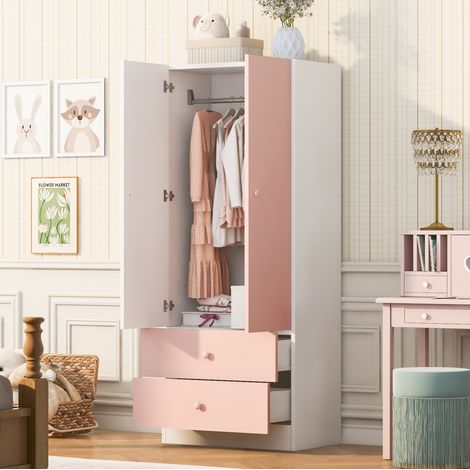 Armario 70x40x170 cm con 2 cajones y barra para colgar, estructura estable de madera y blanco - rosa (1/5)