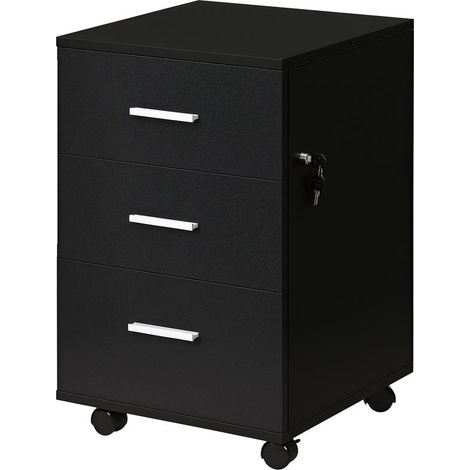 Commode noire 3 tiroirs à roulettes avec serrure, mobile pour bureau ou salon, 40x40x61,5 cm, design pratique