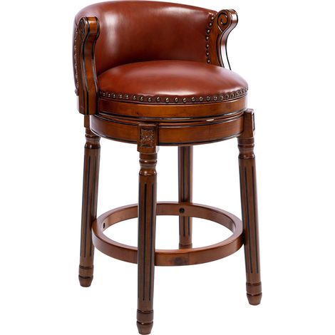 Tabouret de bar en cuir de vachette avec dossier, pivotant 360°, hauteur de comptoir, bois blanc ivoire (1/5)