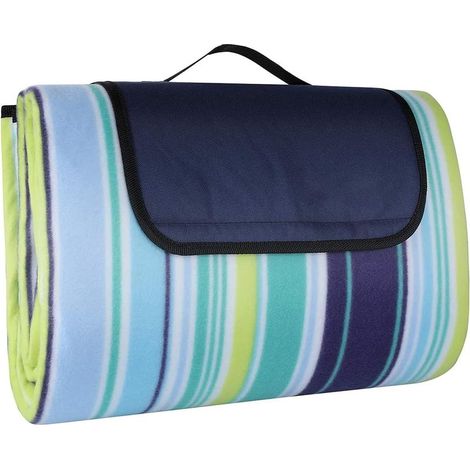 Alfombra de picnic impermeable de 200 x 200 cm, 3 capas resistentes a la arena con asa, estampado de rayas verticales azules. (1/5)