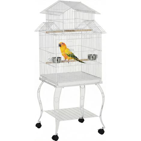 Gabbia uccelli con ruote, grande, supporto e ripiano, per calopsitte, parrocchetto sole, 50x49x137 cm, bianca