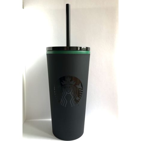 Starbucks - Bicchiere termico con cannuccia, nero opaco con bordo verde, 355 ml (1/3)