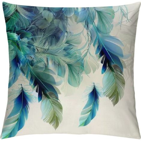 Kissenbezug mit Blumenmuster, realistischem Pfauenfedernmotiv und schimmernden blauen Blättern. Quadratischer Kissenbezug, ideal zum Dekorieren von Kissen, Betten, Sofas usw.