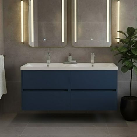 Havana Wall Hung 4-Drawer Vanity Unit with Double Ceramic Basin 1200mm Wide - Midnight Blue (1/5)