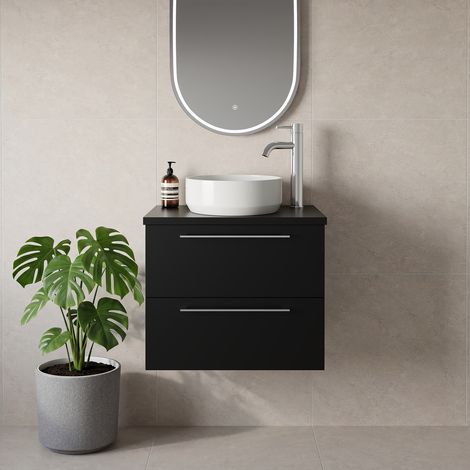 Napoli 390 Matt Black 600mm Wall Mounted 2 Drawer Vanity Unit for Countertop Basins - 600mm - Chrome 320mm Handle