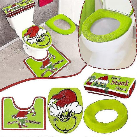 Ensemble de 4 pièces de Noël Le Grinch : housse de réservoir + tapis de bain + housse de couvercle de toilette + protège-siège de toilette (1/5)