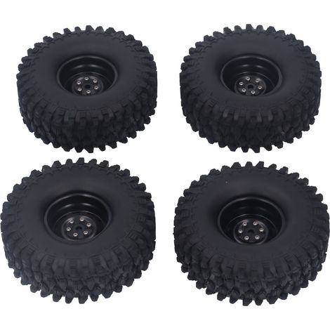 Satz mit 4 schwarzen RC-Reifen, die hervorragenden Grip, optimale Dämpfung und hohe Verschleißfestigkeit bieten. Kompatibel mit 1/10 SCX10- und TRX4-Modellen. (1/5)