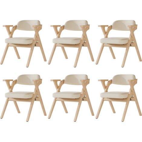 Lot de 6 chaises de salle à manger pliantes en bois massif, confortables et respirantes, pliables et faciles à ranger, adaptées à la salle à manger, au salon et au café, style moderne, lin, beige (1/5)