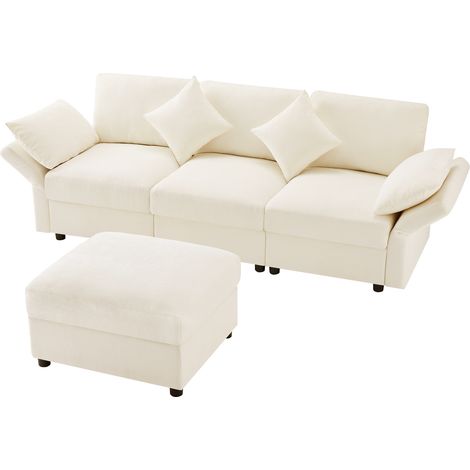 Sofá de Esquina Convertible de 3 Plazas con Puf, 4 Cojines y Reposabrazos Ajustables, Chenilla Beige (1/5)